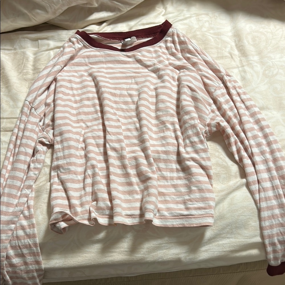 Divided Red and White Striped Long Sleeve T-Shirt